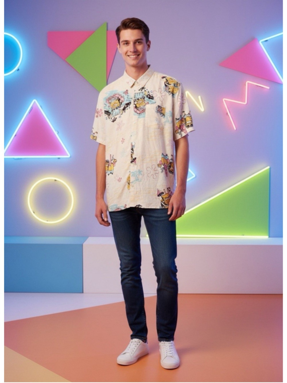 Nickelodeon SpongeBob SquarePants Mens All Over Print Hawaiian Button-Down Shirt